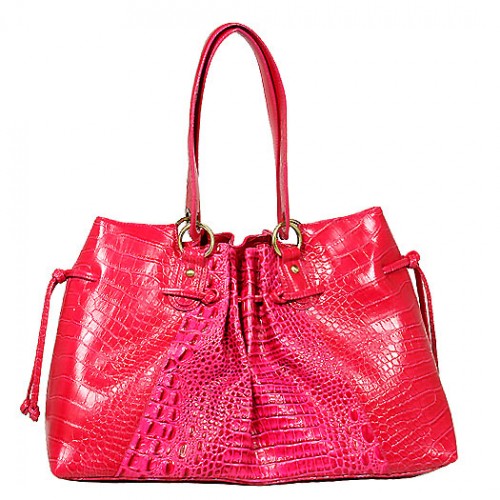 Genuine Cow Leather - GNZLZ inspired w/ Croc Embossed Drawstring Tote - Fuchsia